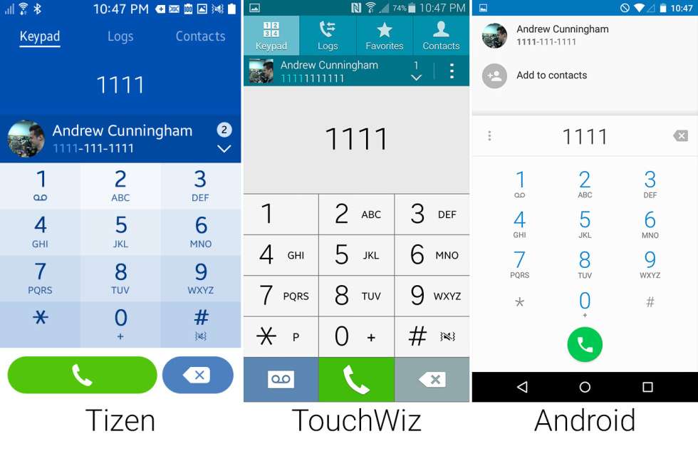 Сравнение внешнего вида Tizen, Android Lollipop, Samsung TouchWiz