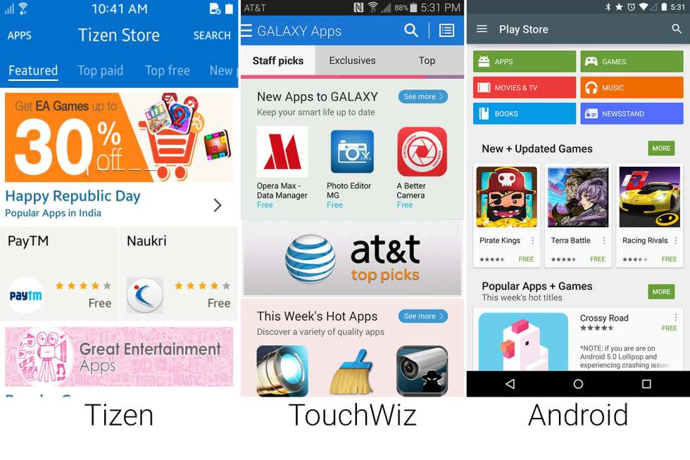 Сравнение внешнего вида Tizen, Android Lollipop, Samsung TouchWiz