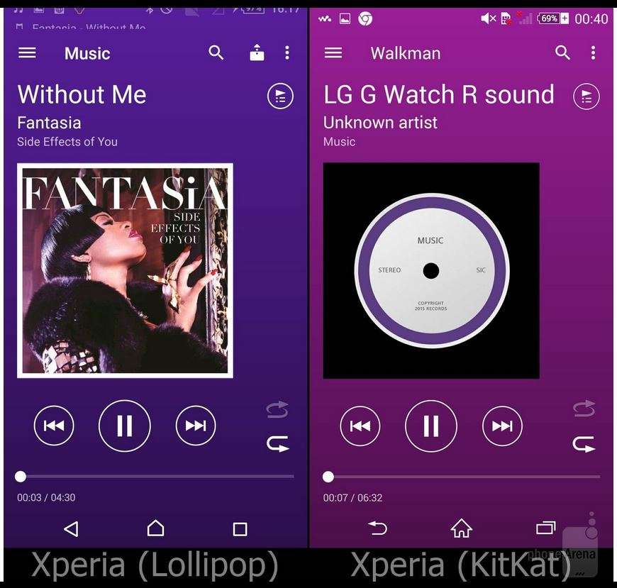 Внешность системы у смартфонов Xperia в Lollipop и KitKat