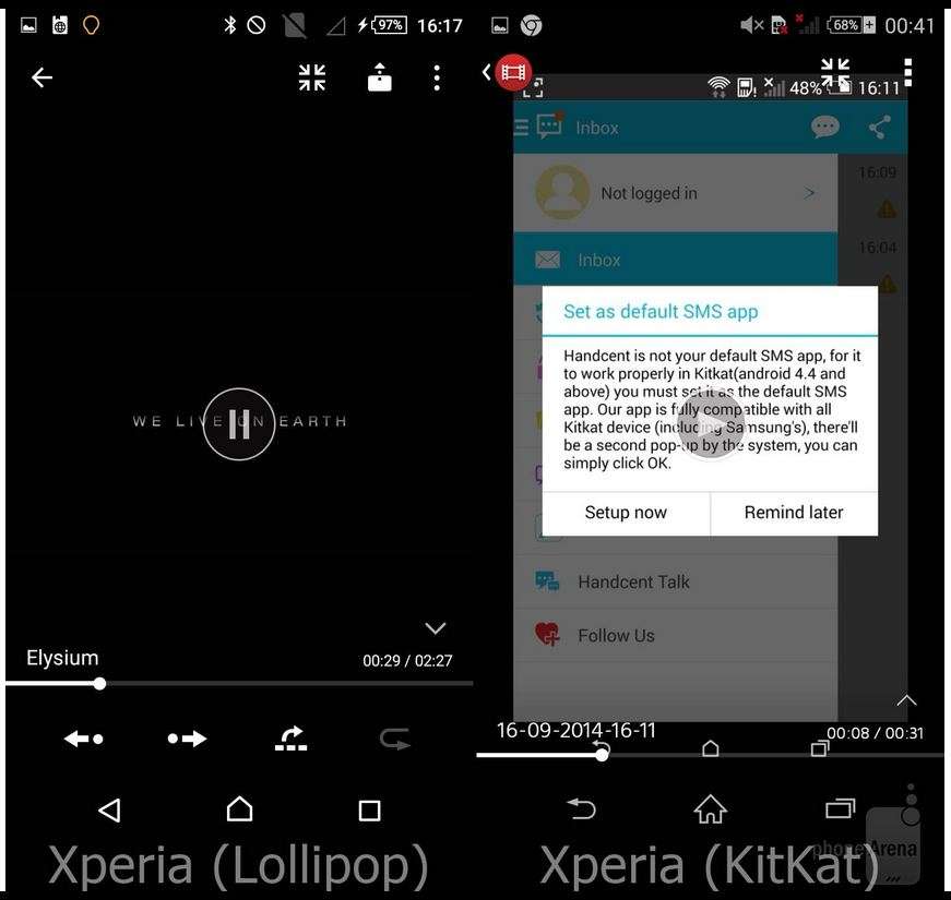 Внешность системы у смартфонов Xperia в Lollipop и KitKat
