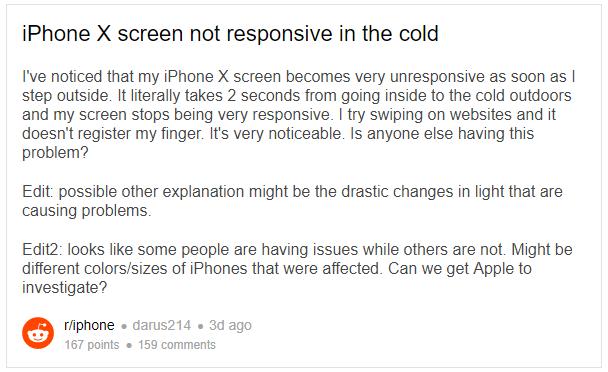 Экран iPhone X перестаёт реагировать на тапы при низких температурах