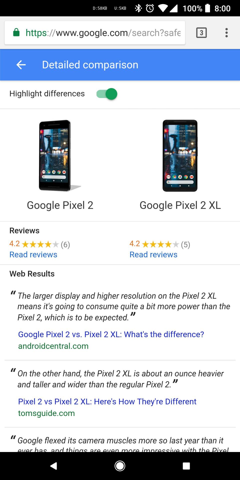 Спецификации двух товаров можно сравнить прямо в поиске Google