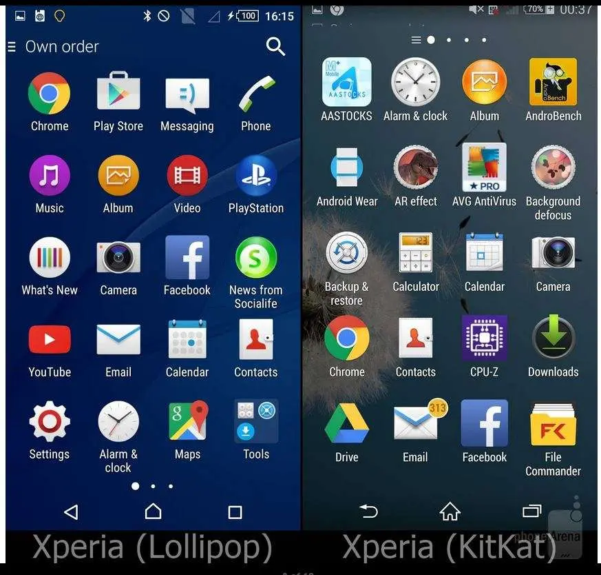 Внешность системы у смартфонов Xperia в Lollipop и KitKat