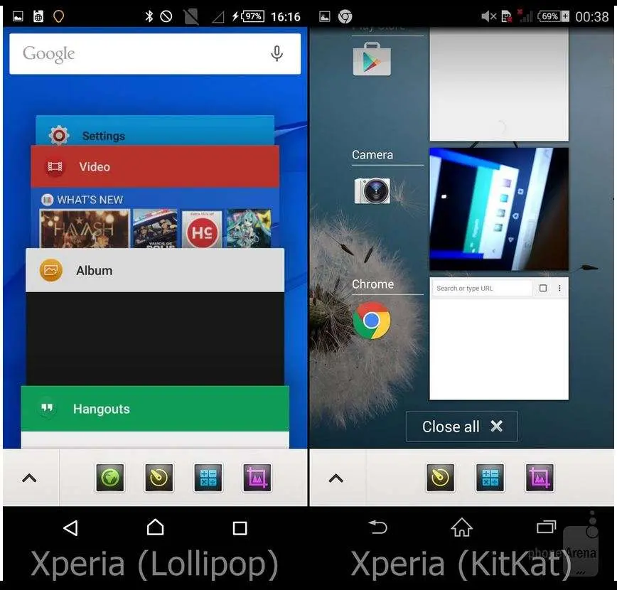 Внешность системы у смартфонов Xperia в Lollipop и KitKat