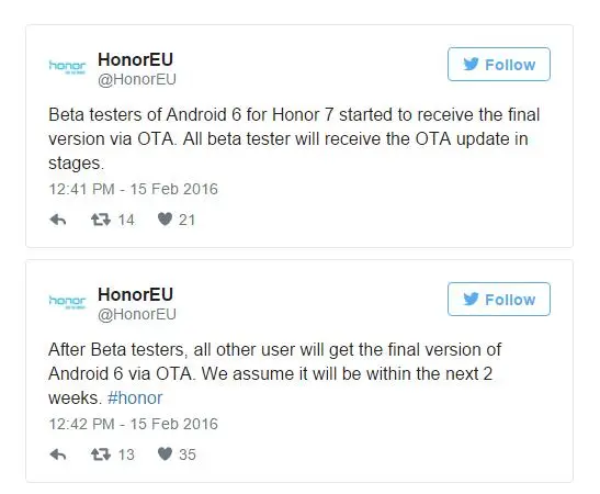 Marshmallow для Huawei Honor 7 в течение двух недель