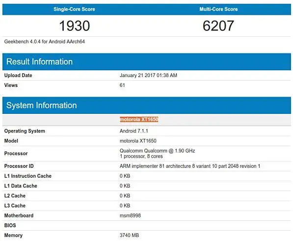 Motorola на базе Snapdragon 835 посетила Geekbench