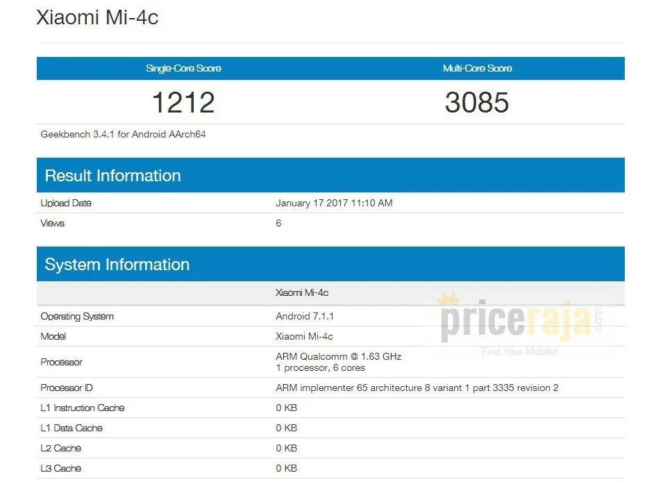 Xiaomi Mi 4c в Geekbench с Android 7.1.1