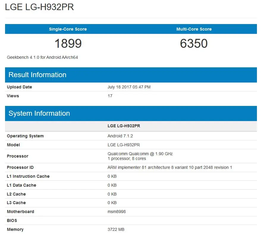 LG V30 навестил бенчмарк Geekbench