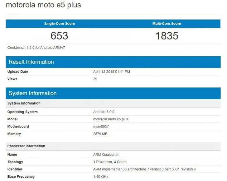 Geekbench рассказывает о Moto E5