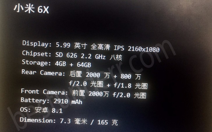 Новые подробности о Xiaomi Mi A2 (Xiaomi Mi 6X)
