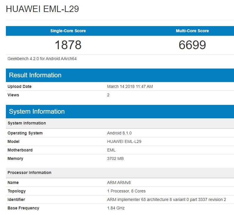 Результат тестирования Huawei P20 в Geekbench на уровне Galaxy S8