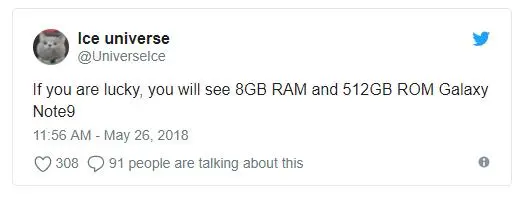 Galaxy Note 9 может выйти с памятью 8+512 гигабайт