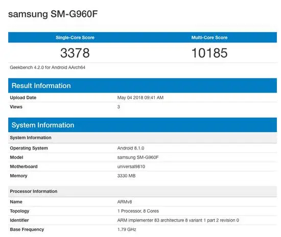 Samsung Galaxy S9 с Android 8.1 обнаружился в базе Geekbench