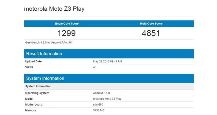 Смартфон Moto Z3 Play прошёл испытания в бенчмарках