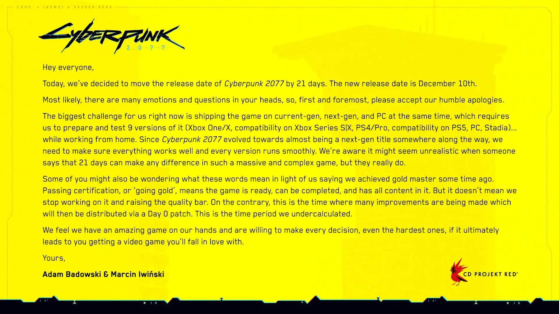 Релиз Cyberpunk 2077 снова перенесли. 