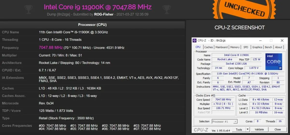 Intel Core i9-11900K разогнали до 7048 МГц при 1,873 В