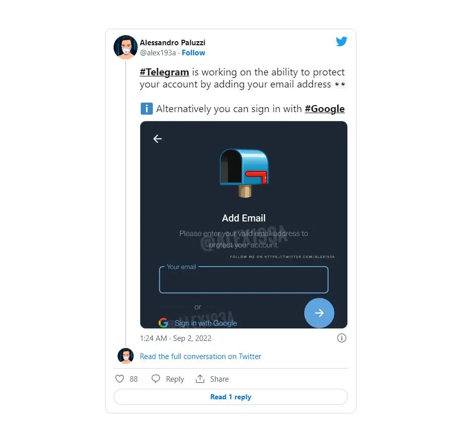 Telegram, похоже, готовится дать привязку email к аккаунтам