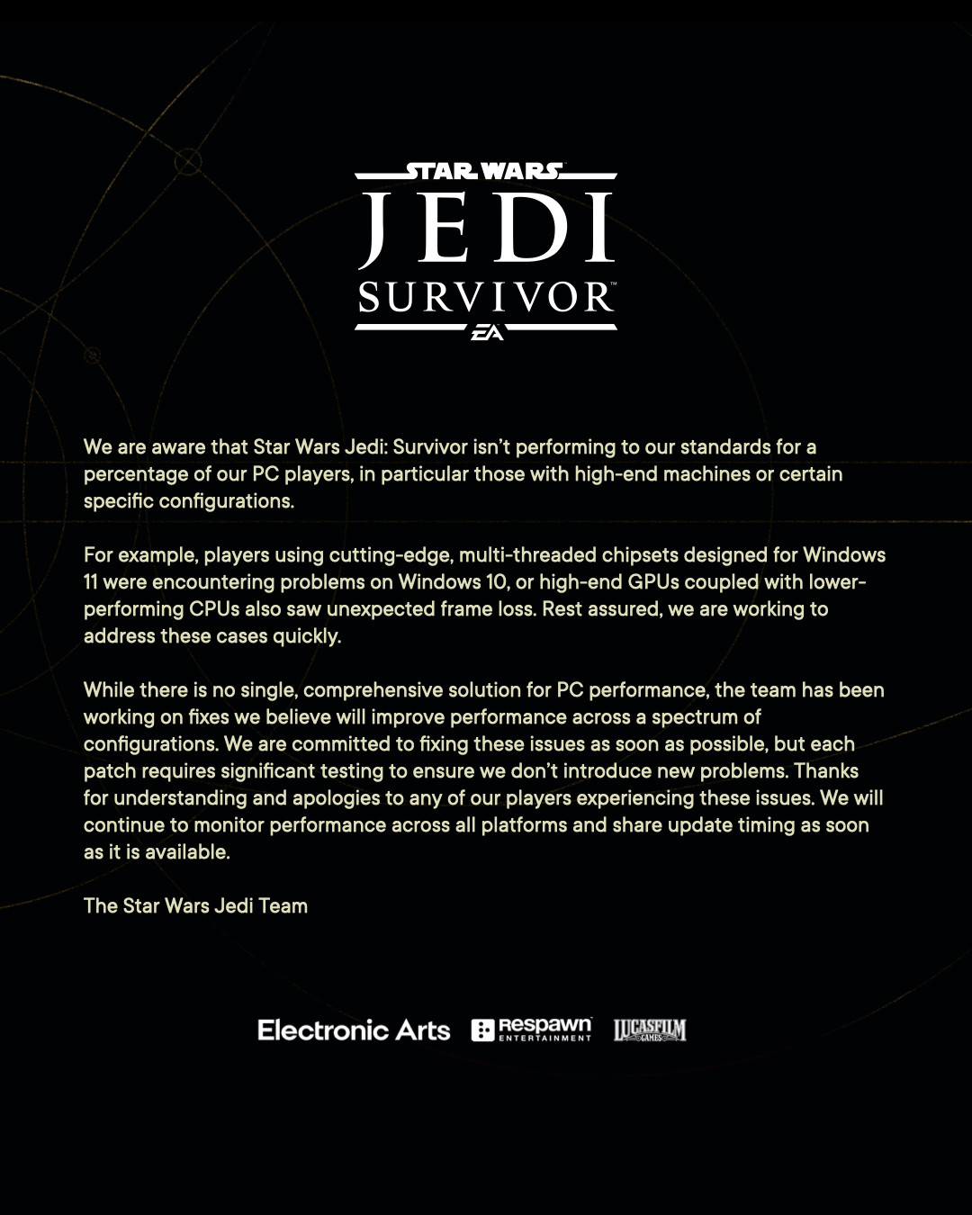 Разработчики извинились перед игроками за качество Star Wars Jedi: Survivor на PC 