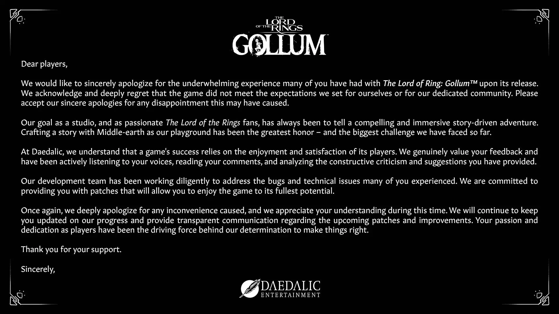 Разработчики The Lord of the Rings: Gollum обратились к игрокам после провала игры