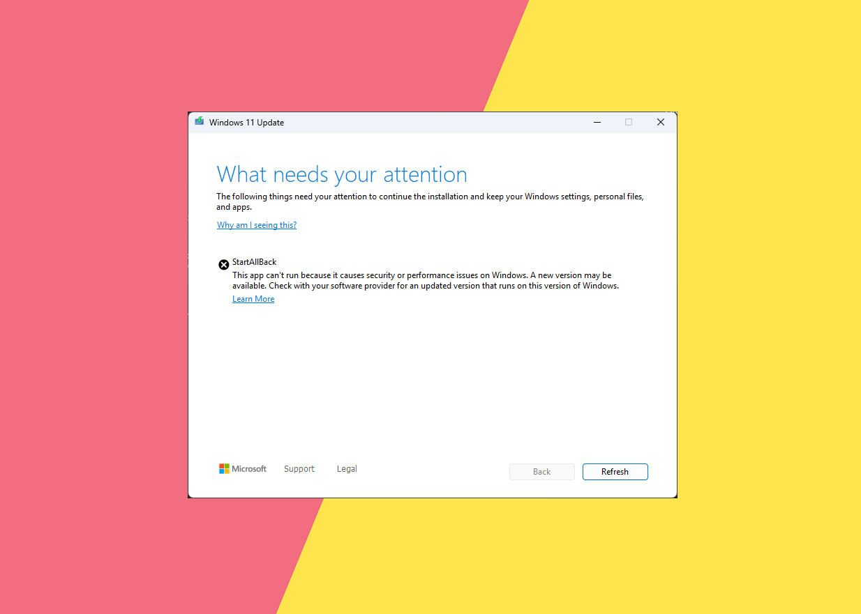 Microsoft не даёт обновлять Windows 11, если установлено приложение StartAllBack