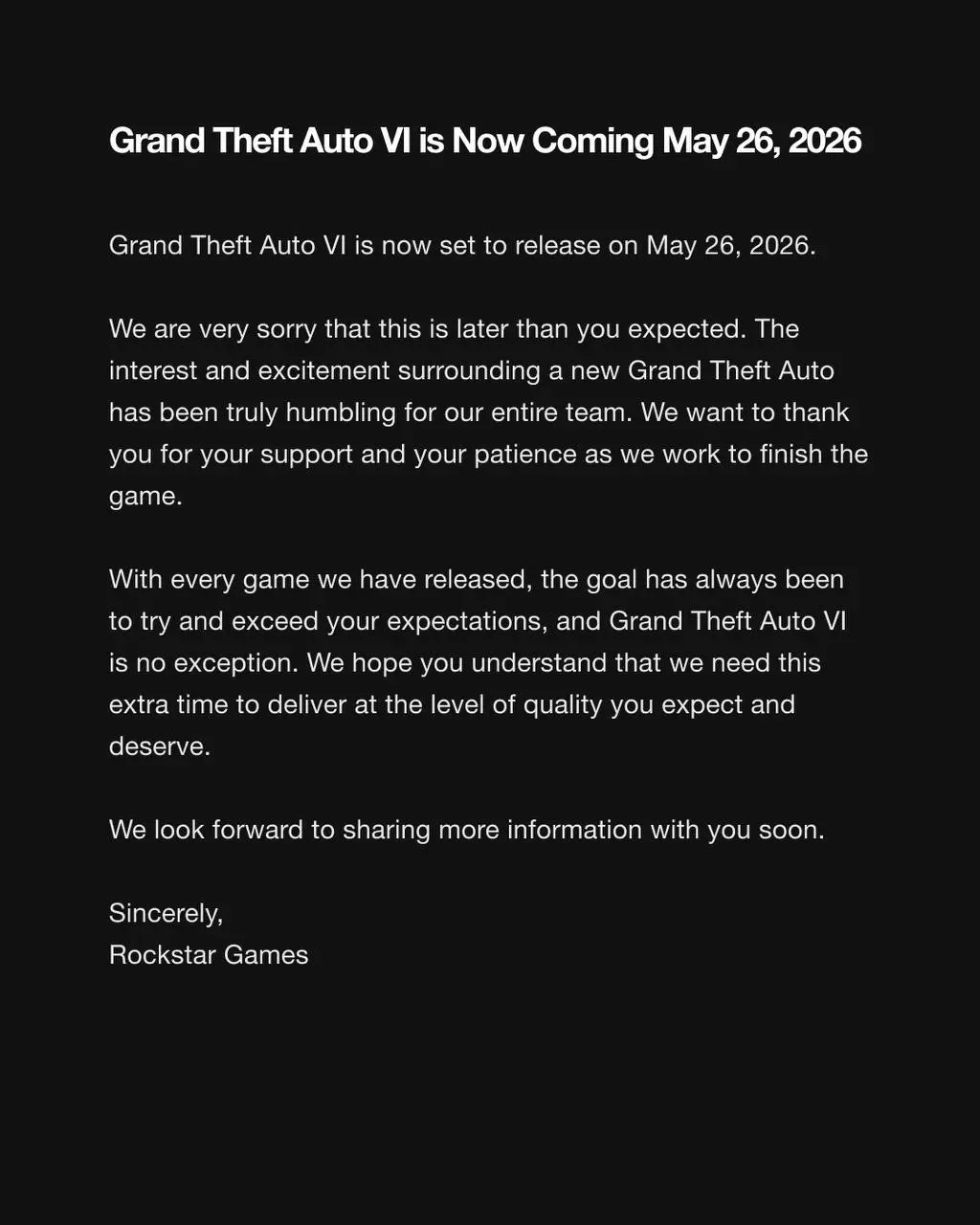 GTA 6: дата выхода 26 мая 2026, подробности задержки и что ждёт игроков