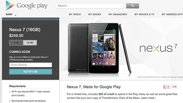 16 гб Nexus 7 временно недоступен в Google Play